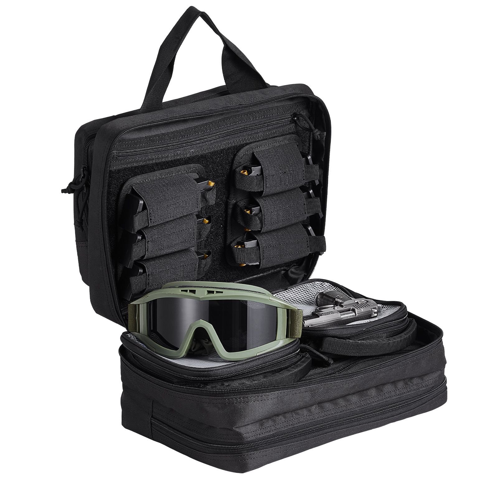 range bag for 2 pistols tactical gun bag with 2 built in removable pistol bags 6 detachable magazines gun range bag for outdoor hunting shooting lockable carrying handgun bag case black.jpg
