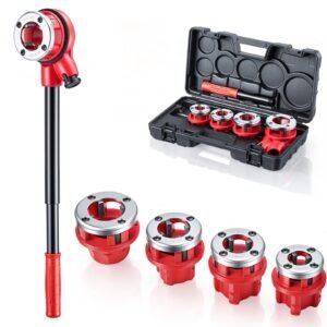 Ratchet Pipe Threader Kit with 4 Dies, 1/2" NPT, 3/4" NPT, 1" NPT, 1-1/4" NPT Manual Ratcheting Pipe Threading Tool, Portable Pipes Threader Set with Toolbox for Plumbing Installation & Repair
