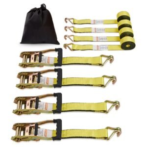 Ratchet Tie Down Straps (4PK), 5000 lb Break Strength, Double J Hook Includes 4 Premium 2" x 15' Rachet Tie Downs with Padded Handles, for Moving Securing Cargo, Appliances, Lawn Equipment