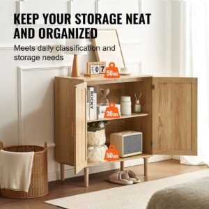 Rattan Cabinet, Rattan Storage Cabinet with 2 Magnetic Doors and Adjustable Shelves, Sideboard Buffet Cabinet for Hallway, Entryway, Living Room, or Kitchen, Natural