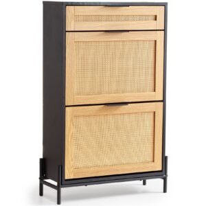 Rattan Shoe Cabinet, Narrow Shoe Storage Organizer with 2 Flip Rattan Drawers & 1 Slide Drawer, Metal Legs, Slim Shoe Entryway Cabinet Ideal for Entryway, Closet, Hallway, Black