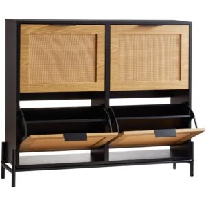 Rattan Shoe Cabinet, Narrow Shoe Storage Organizer with 4 Flip Drawers, Slim Shoe Entryway Storage Cabinet with Metal Legs, Ideal for Entryway, Closet, Hallway, Light Wood Color
