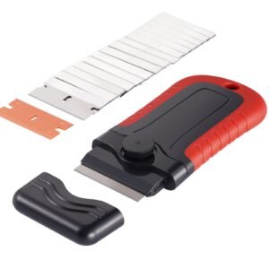 razor blade scraper 15 extra blades locking scraper tool with security cap carbon steel and pom blades for cleaning labels stickers decals paint from glass window stovetop cooktop oven 1.jpg