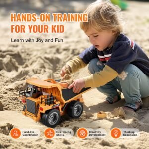 RC Dump Truck Toy, 9-Channel 1:18 Scale, Remote Control Dump Truck RC Construction Vehicle Truck Toy with Metal Bed & Light, 2 Rechargeable Batteries for Toddlers Kids Boys and Girls Age 8+