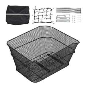 Rear Bike Basket, Wire Mesh Bicycle Basket with Cargo Net & Waterproof Cover, Durable Metal Bike Back Basket, Fits Most Rear Bike Racks, Mounting Tools Included