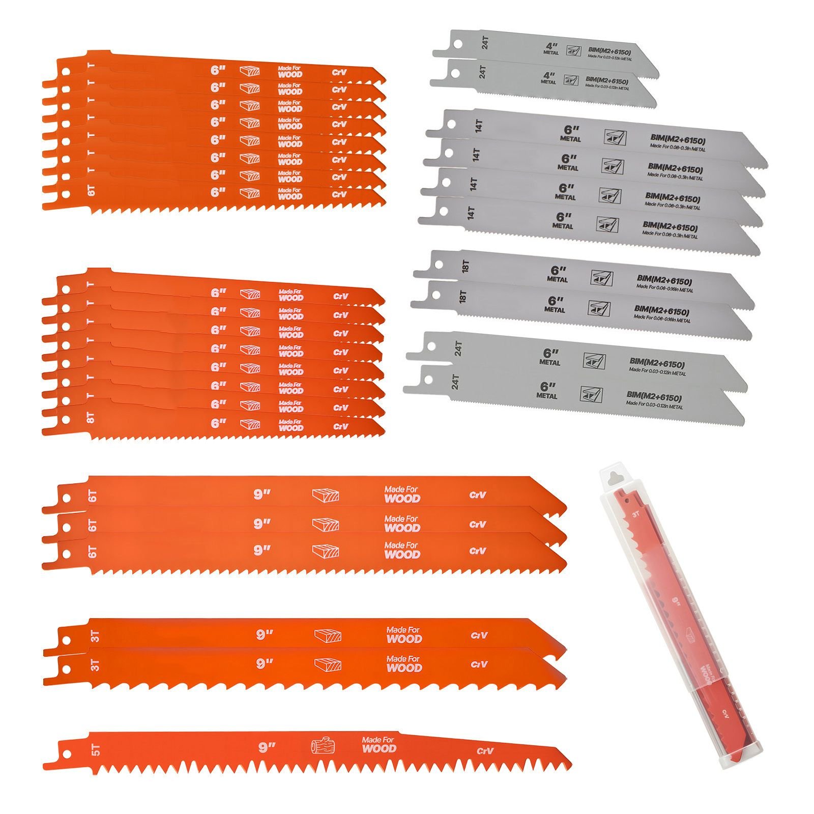 reciprocating saw blades, 32 piece, various sizes bi metal reciprocating saw blade set with universal shank, for metal and wood cutting, sharp teeth for fast and smooth cuts, orange and gray