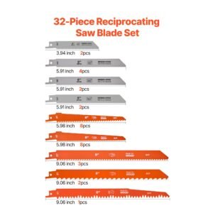 reciprocating saw blades, 32 piece, various sizes bi metal reciprocating saw blade set with universal shank, for metal and wood cutting, sharp teeth for fast and smooth cuts, orange and gray