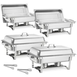 Rectangle Chafing Dish, 9 Qt 4 Pack Stainless Steel Chafing Dish, Food Warmer Chafer Complete Set with Hollow Handle, 2 Food Tongs, Lid, Fuel Holder, Chafer Dishes for Banquet Party Wedding