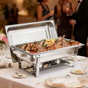 Rectangle Chafing Dish, 9 Qt 6 Pack Stainless Steel Chafing Dish, Food Warmer Chafer Complete Set with Hollow Handle, 3 Food Tongs, Lid, Fuel Holder, Chafer Dishes for Banquet Party Wedding
