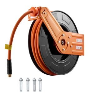 Retractable Air Hose Reel, 1/2 Inch x 65 FT Rubber Air Hose Max 300PSI, Auto Rewind Air-Compressor Hoses Reel with 5 ft Lead in, Ceiling/Wall Mount for Garage Workshops