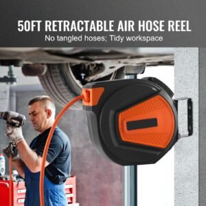 Retractable Air Hose Reel, 3/8 IN x 50 FT Hybrid Air Hose Max 300PSI, Air Compressor Hose Reel with 5 In Lead in, Ceiling / Wall Mount Enclosed Air Reel, 180° Swivel Mount