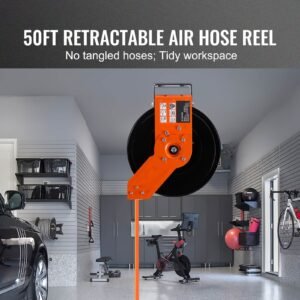 Retractable Air Hose Reel, 3/8 IN x 50 FT Hybrid Air Hose Max 300PSI, Air Compressor Hose Reel with 5 In Lead in, Ceiling / Wall Mount Heavy Duty Double Arm Steel Reel