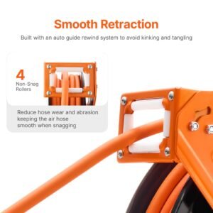 Retractable Air Hose Reel, 3/8IN x 100FT Rubber Air Hose Max 300PSI, Air Compressor Hose Reel Auto-Rewind with 5FT Lead in, Ceiling/Wall Mount Heavy Duty Single Arm Steel Reel, 1/4" NPT Fitting