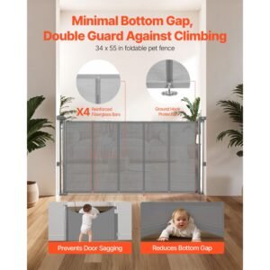 retractable baby gate 34 inch tall extends up to 55 inch wide retractable gate for kids or pets mesh material easy to install for indoor stairs doorways hallways playrooms gray 1.jpg