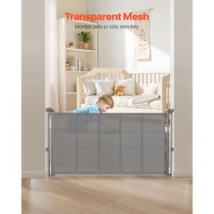 retractable baby gate 34 inch tall extends up to 55 inch wide retractable gate for kids or pets mesh material easy to install for indoor stairs doorways hallways playrooms gray 3.jpg