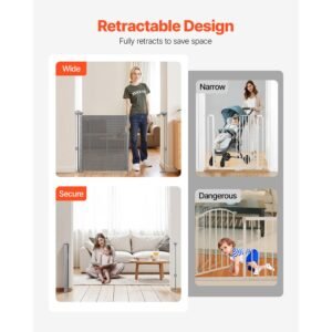 retractable baby gate 34 inch tall extends up to 55 inch wide retractable gate for kids or pets mesh material easy to install for indoor stairs doorways hallways playrooms gray 5.jpg