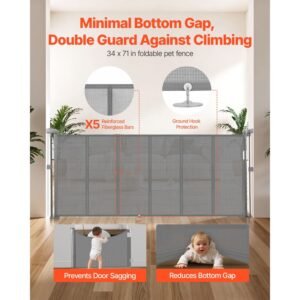 Retractable Baby Gate, 34 inch Tall, Extends up to 71 inch Wide, Retractable Gate for Kids or Pets, Mesh Material, Easy to Install for Indoor Stairs, Doorways, Hallways, Playrooms, Gray
