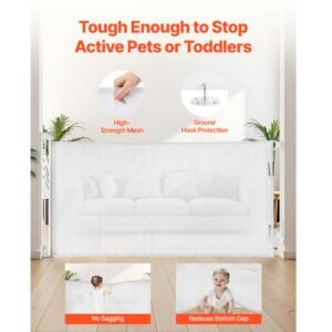 retractable baby gate, extends to 72.8 inch wide, 31.3 inch tall, with security lock, easy to use, walk through without tripping, mesh dog gate for stairs, hallways, indoor/outdoor, white