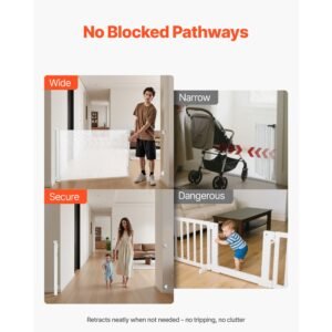 retractable baby gate, extends to 72.8 inch wide, 31.3 inch tall, with security lock, easy to use, walk through without tripping, mesh dog gate for stairs, hallways, indoor/outdoor, white