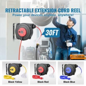 retractable extension cord reel 30 ft heavy duty 16awg3c sjtow retractable power cord reel with lighted triple tap outlet 10 amp circuit breaker 45ft lead in cord for ceiling or wall mount 1.jpg