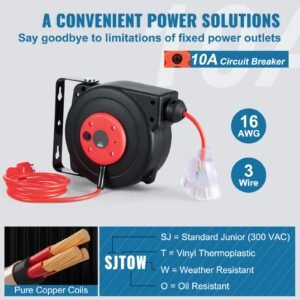retractable extension cord reel 30 ft heavy duty 16awg3c sjtow retractable power cord reel with lighted triple tap outlet 10 amp circuit breaker 45ft lead in cord for ceiling or wall mount 3.jpg