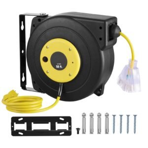 Retractable Extension Cord Reel, 50 FT, Heavy Duty 14AWG/3C SJTOW Retractable Power Cord with Lighted Triple Tap Outlet, 13 Amp Circuit Breaker 180° Swivel Bracket for Ceiling or Wall Mount