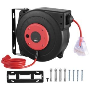Retractable Extension Cord Reel, 50 FT, Heavy Duty 14AWG/3C SJTOW Retractable Power Cord with Lighted Triple Tap Outlet, 13 Amp Circuit Breaker 180° Swivel Bracket for Ceiling or Wall Mount