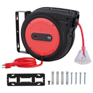 Retractable Extension Cord Reel, 65 FT, Heavy Duty 12AWG/3C SJTOW Retractable Power Cord with Lighted Triple Tap Outlet, 15 Amp Circuit Breaker 180° Swivel Bracket for Ceiling or Wall Mount