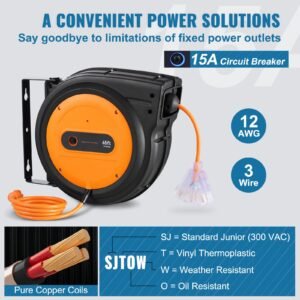 retractable extension cord reel 65 ft heavy duty 12awg3c sjtow retractable power cord with lighted triple tap outlet 15 amp circuit breaker 180 swivel bracket for ceiling or wall mount 3.jpg