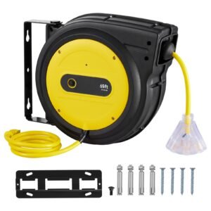 Retractable Extension Cord Reel, 65 FT, Heavy Duty 12AWG/3C SJTOW Retractable Power Cord with Lighted Triple Tap Outlet, 15 Amp Circuit Breaker 180° Swivel Bracket for Ceiling or Wall Mount