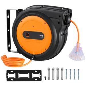 Retractable Extension Cord Reel, 75 FT, Heavy Duty 14AWG/3C SJTOW Retractable Power Cord with Lighted Triple Tap Outlet, 13 Amp Circuit Breaker 180° Swivel Bracket for Ceiling or Wall Mount