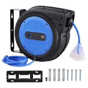 Retractable Extension Cord Reel, 75 FT, Heavy Duty 14AWG/3C SJTOW Retractable Power Cord with Lighted Triple Tap Outlet, 13 Amp Circuit Breaker 180° Swivel Bracket for Ceiling or Wall Mount