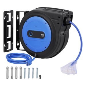 Retractable Extension Cord Reel, 80 FT, Heavy Duty 12AWG/3C SJTOW Retractable Power Cord with Lighted Triple Tap Outlet, 15 Amp Circuit Breaker 180° Swivel Bracket for Ceiling or Wall Mount