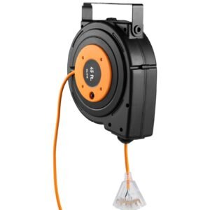 Retractable Extension Reel, Heavy Duty 12AWG/3C SJTOW Power Cord 45 FT 12AWG, Black Tested toStandards