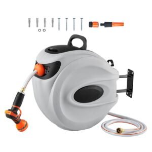 Retractable Hose Reel, 100 ft x 1/2 inch, 180° Swivel Bracket Wall-Mounted, Garden Water Hose Reel with 9-Pattern Nozzle, Automatic Rewind, Lock at Any Length, and Slow Return System