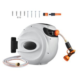 Retractable Hose Reel, 65 ft x 5/8 inch, 180° Swivel Bracket Wall-Mounted, Garden Water Hose Reel with 9-Pattern Nozzle, Automatic Rewind, Lock at Any Length, and Slow Return System
