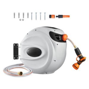 Retractable Hose Reel, 84 ft x 5/8 inch, 180° Swivel Bracket Wall-Mounted, Garden Water Hose Reel with 9-Pattern Nozzle, Automatic Rewind, Lock at Any Length, and Slow Return System
