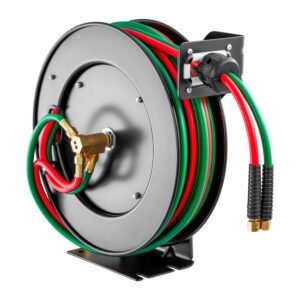 Retractable Welding Hose Reel, 1/4-Inch x 50FT Twin Oxygen Acetylene Rubber Hose Max 300PSI - T Grade, Ceiling/Wall Mount Heavy Duty Steel Hose Reel Auto-Rewind, Ideal for Workshops Garages