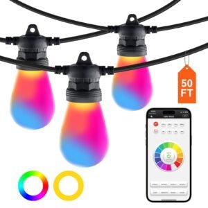 RGB Outdoor String Lights, 50FT, Outside Patio Lights with APP Control 15 Bulbs, 15 Single-Color Adjustable Brightness Time Setting, Waterproof Hanging Lights for Halloween Decorations Christmas
