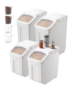 Rice Storage Container, 3.5Gal/15Lx2 + 4.5Gal/20Lx2 Large Dog Food Dispenser Bin, Kitchen Ingredient Grain Cereal Bin, Pet food Containers with Wheels, 4 Measuring Cups, Airtight Lid, 4 Pack