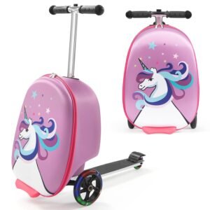 Ride-on Luggage, 20 L Capacity, 20 Inches Kids Scooter Suitcase with Flash PU Wheels, Adjustable Handle & TPR Non-Slip Grip, Foldable & Lightweight Scooter Luggage for Kids Aged 5+, Purple