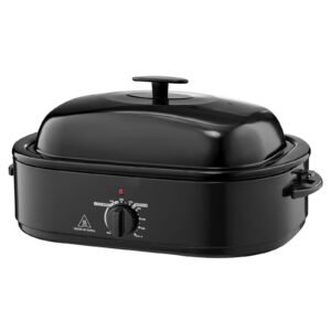 roaster oven, 18qt fast cooking turkey roaster, 150 450 fahrenheit adjustable temp turkey oven with self basting lid, removable pan and rack, defrost & warm function, electric roasting pan