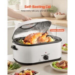 roaster oven, 26qt electric roasting pan, 150 450 f adjustable temp fast cooking turkey roaster with cool touch handle, visible self basting lid, defrost & warm function, fits 30lb turkey