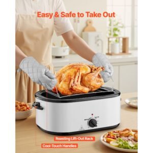 roaster oven, 26qt electric roasting pan, 150 450 f adjustable temp fast cooking turkey roaster with cool touch handle, visible self basting lid, defrost & warm function, fits 30lb turkey
