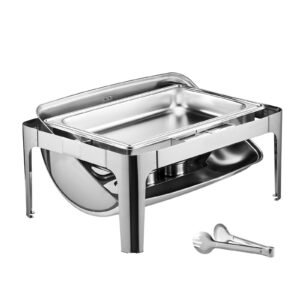 Roll Top Chafing Dish Buffet Complete Set, 9Qt Stainless Steel Chafer with Full Size Pan, Rectangle Catering Warmer Server with Lid Water Pan Folding Stand Fuel Holder Meal Clip, Silver