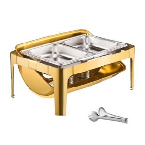 Roll Top Chafing Dish Buffet Complete Set, 9Qt Stainless Steel Chafer with Full Size Pan, Rectangle Catering Warmer Server with Visible Lid Water Pan Folding Stand Fuel Holder Meal Clip, Gold