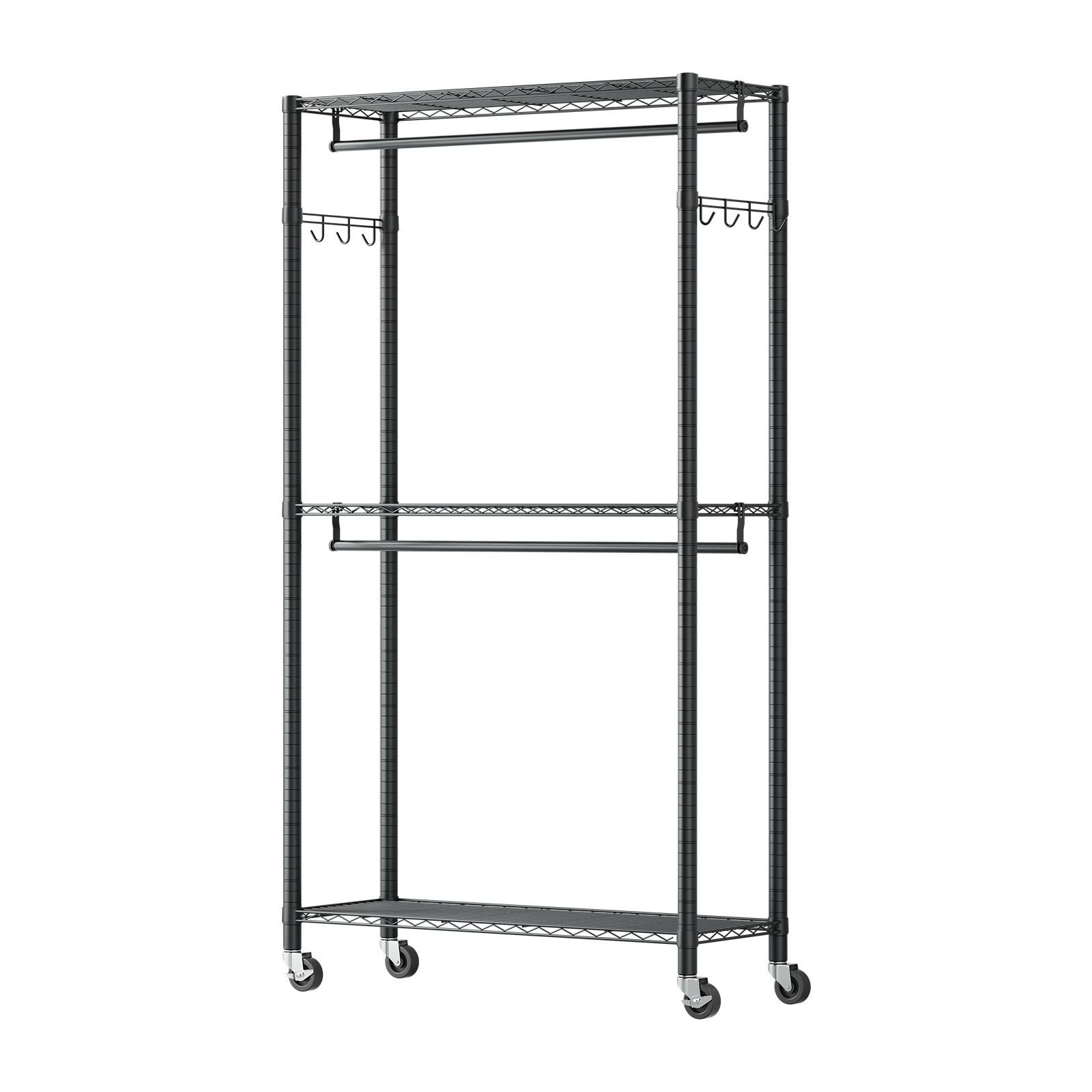 rolling clothes rack, heavy duty clothing garment rack, 3 adjustable tiers clothing racks with carbon steel, 450 lbs load capacity closet wardrobe for bedroom, clothing store, hallway