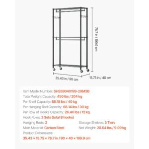 rolling clothes rack, heavy duty clothing garment rack, 3 adjustable tiers clothing racks with carbon steel, 450 lbs load capacity closet wardrobe for bedroom, clothing store, hallway