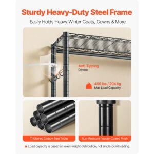 rolling clothes rack, heavy duty clothing garment rack, 3 adjustable tiers clothing racks with carbon steel, 450 lbs load capacity closet wardrobe for bedroom, clothing store, hallway