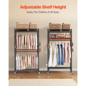 rolling clothes rack, heavy duty clothing garment rack, 3 adjustable tiers clothing racks with carbon steel, 450 lbs load capacity closet wardrobe for bedroom, clothing store, hallway